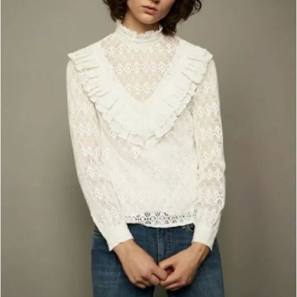 MAJE Limba Open Knit High Neck Ruffle Crochet Lace Sweater Top Ecru Size 1